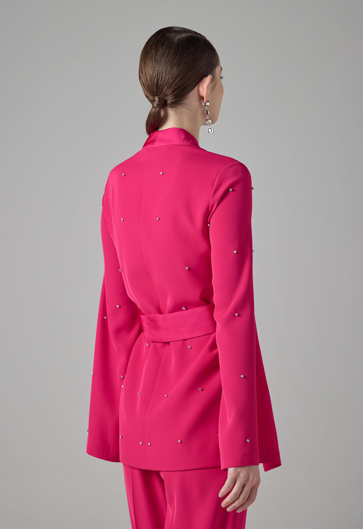 Choice Solid Crystal Embellished Belted Jacket Fuchsia