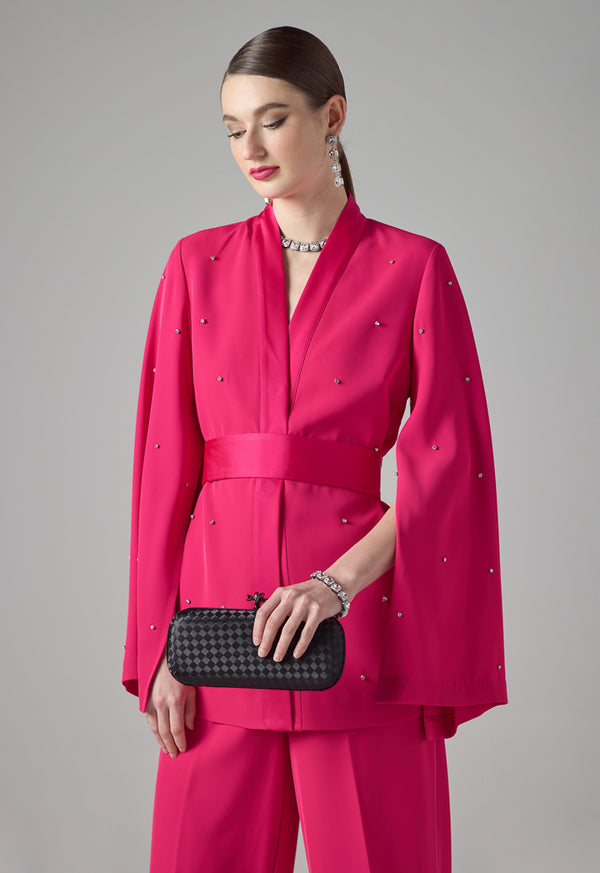 Choice Solid Crystal Embellished Belted Jacket Fuchsia