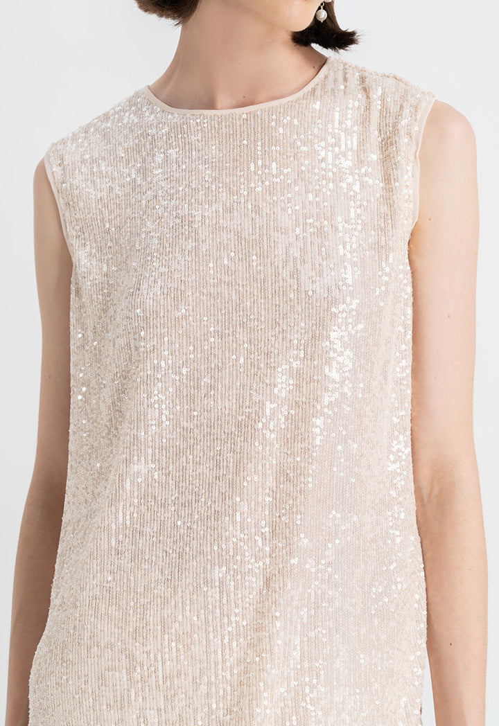 Choice Sequins Sleeveless Round Neck Top Sand Beige