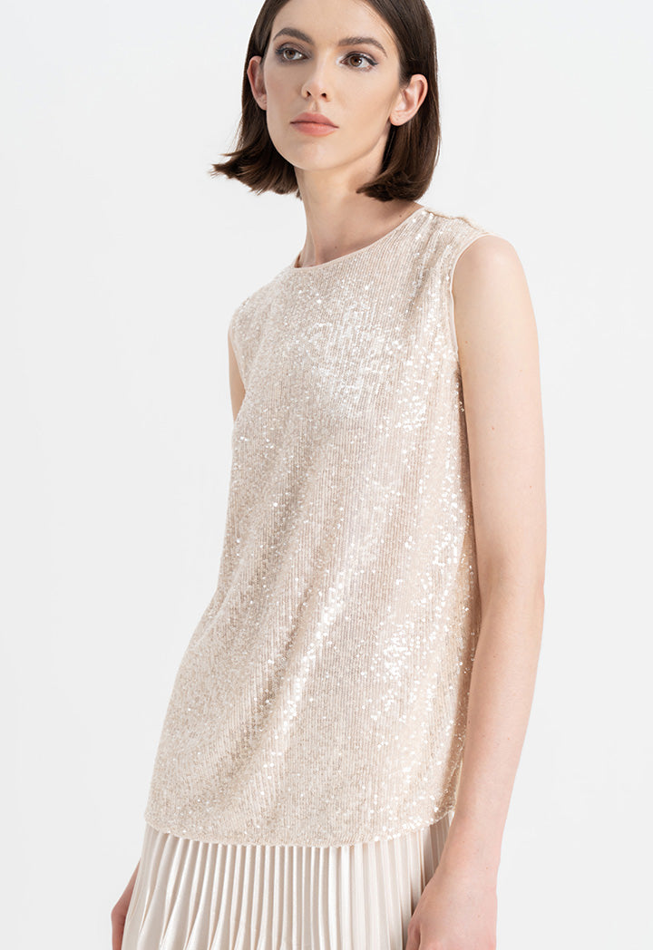 Choice Sequins Sleeveless Round Neck Top Sand Beige