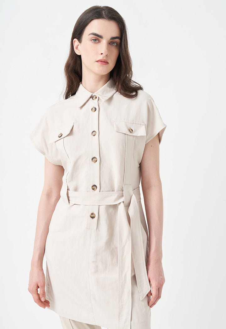 Choice Sleeveless Belted Shirt Dress Beige