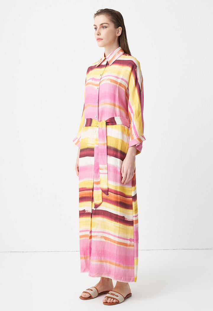 Choice Printed Belted Maxi Shirt Dress  Pink Print