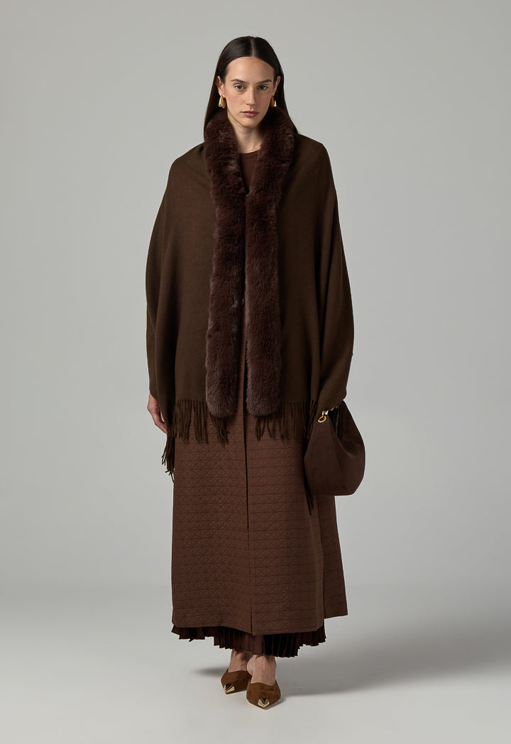 Choice Faux Fur Embellished Shawl Dark Brown