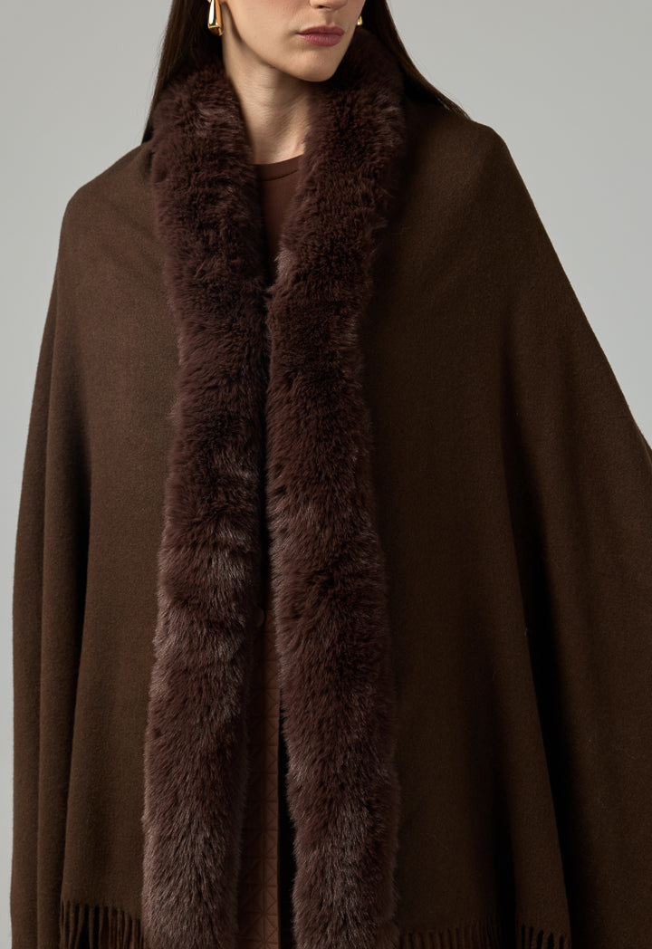 Choice Faux Fur Embellished Shawl Dark Brown