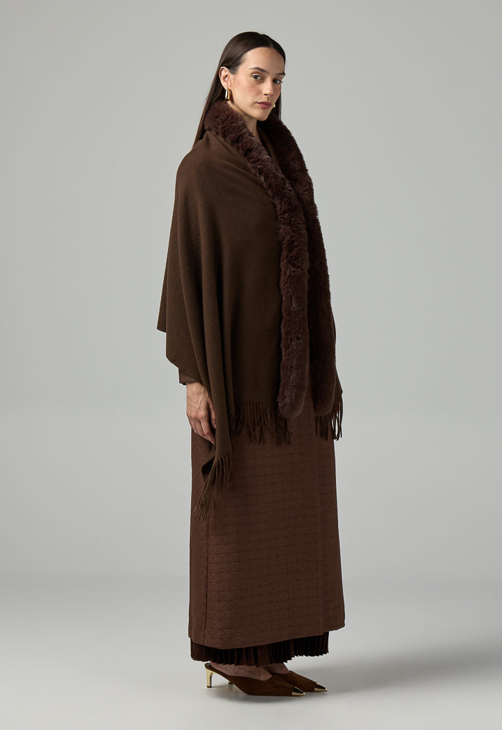 Choice Faux Fur Embellished Shawl Dark Brown