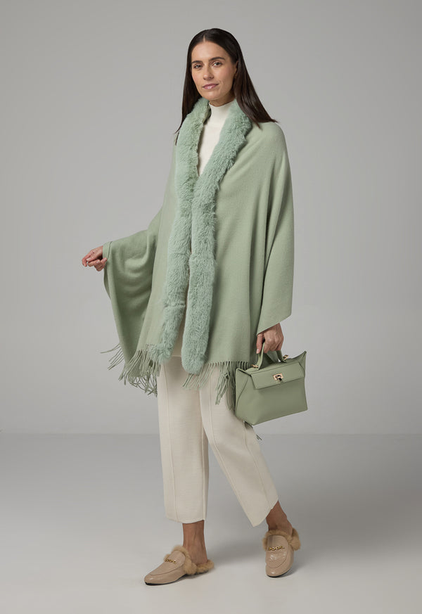 Choice Faux Fur Embellished Poncho Green