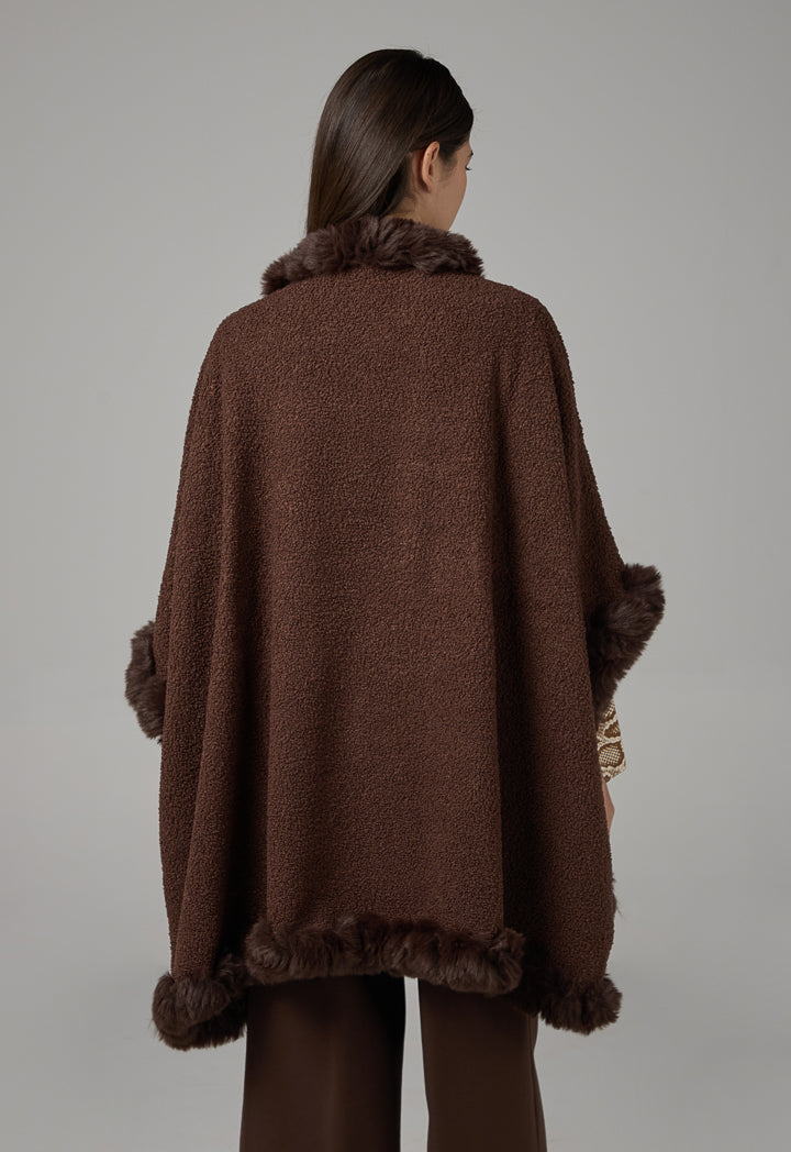 Choice Faux Fur Hems Poncho Brown