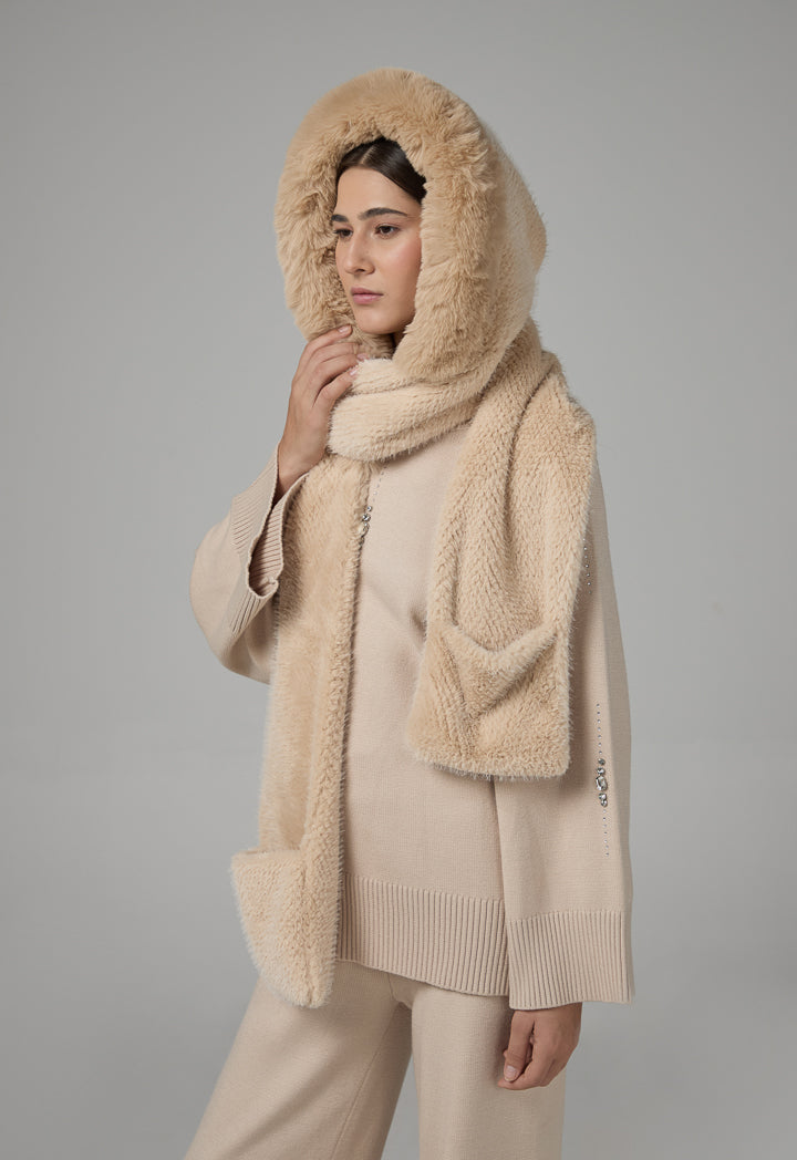 Choice Faux Fur Hooded Scarf Beige