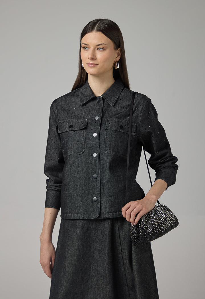 Choice Crystal Embellished Denim Jacket Black