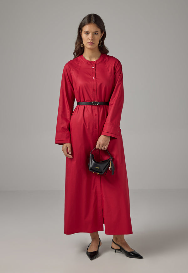 Choice Solid Mandarin Collar Maxi Dress Red