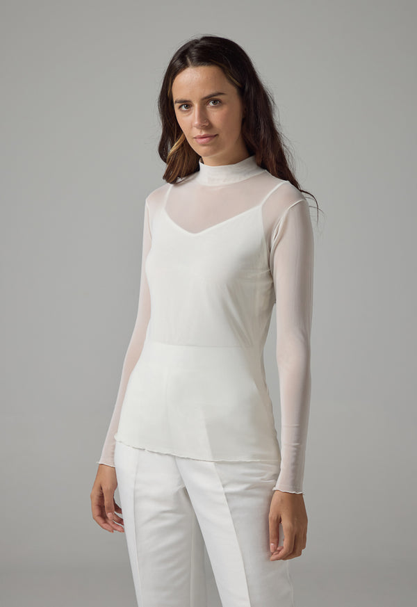 Choice High Neck Long Sleeve Basic Mesh Top Off White