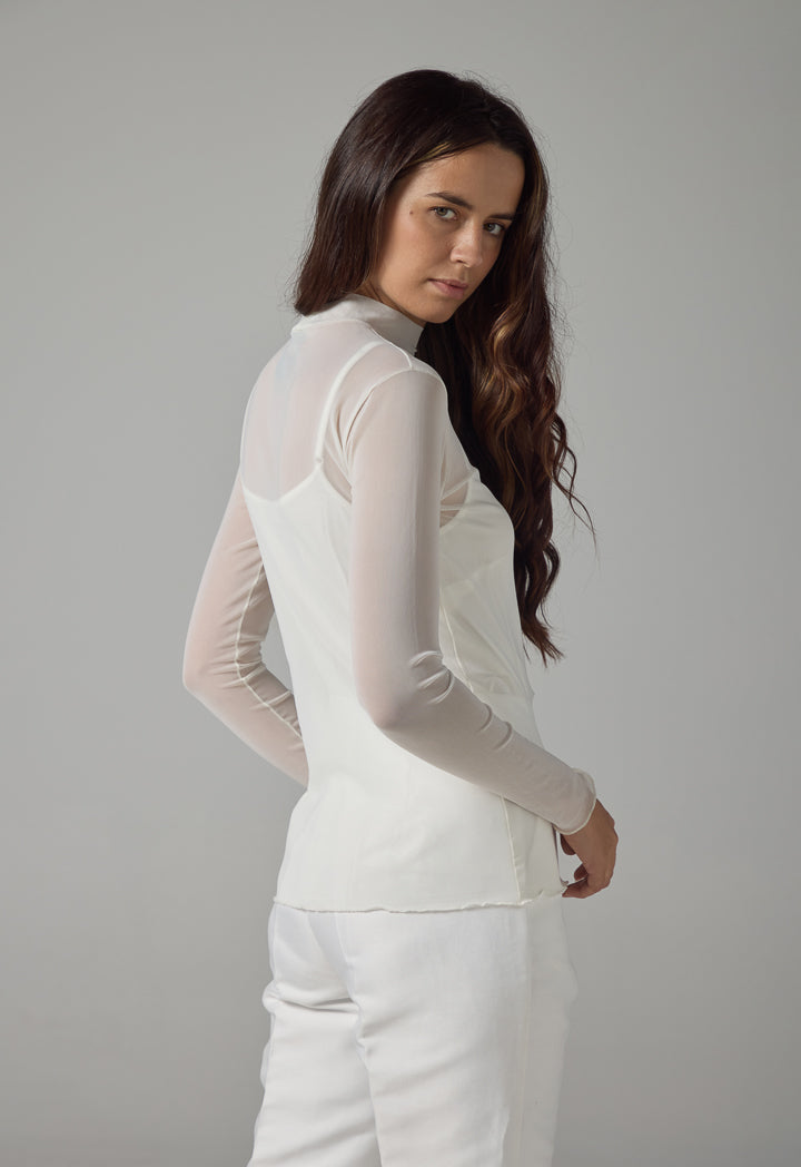 Choice High Neck Long Sleeve Basic Mesh Top Off White