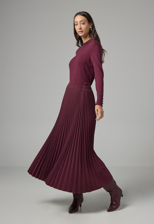 Choice Solid Pleated Maxi Skirt Burgundy