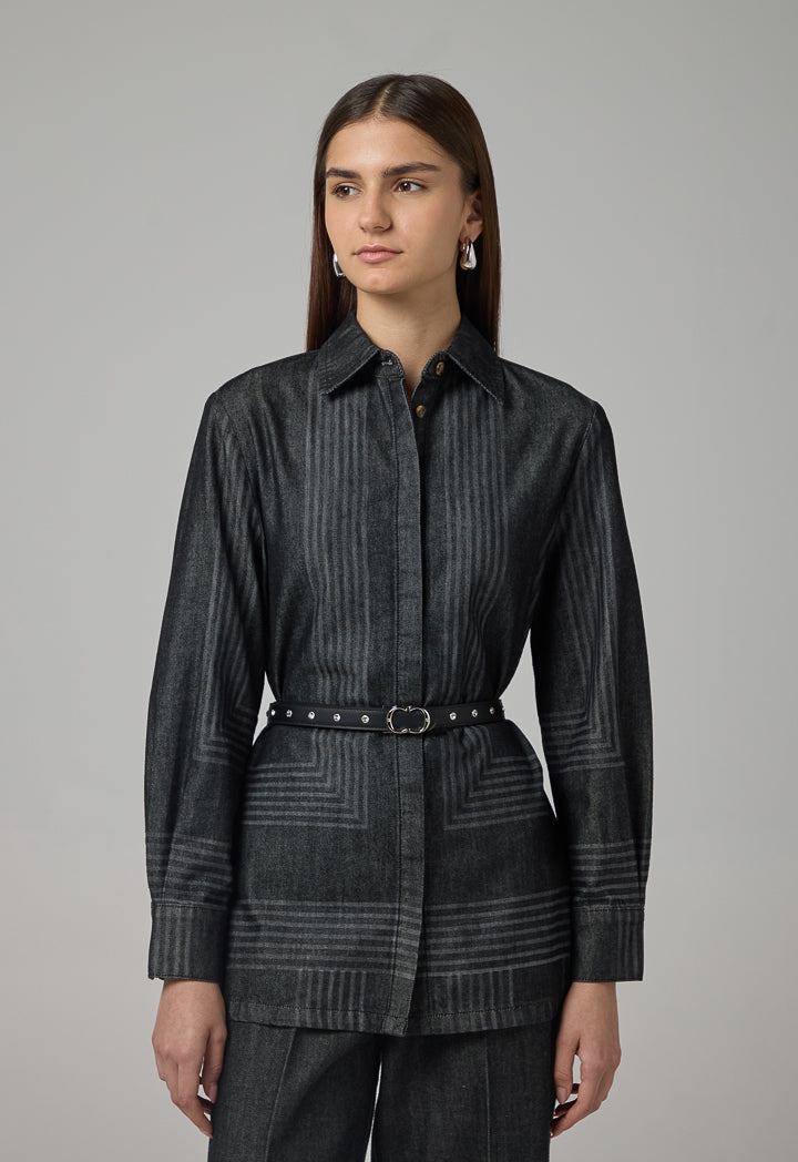 Choice Striped Belted Denim Shirt Black