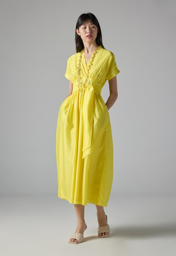 Choice Solid Short Sleeve Belted Dress Yellow