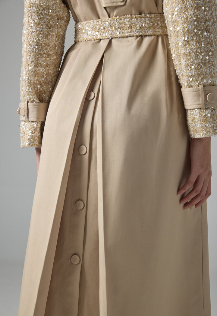 Choice Long Sleeve Sequin Belted Trench Coat Beige