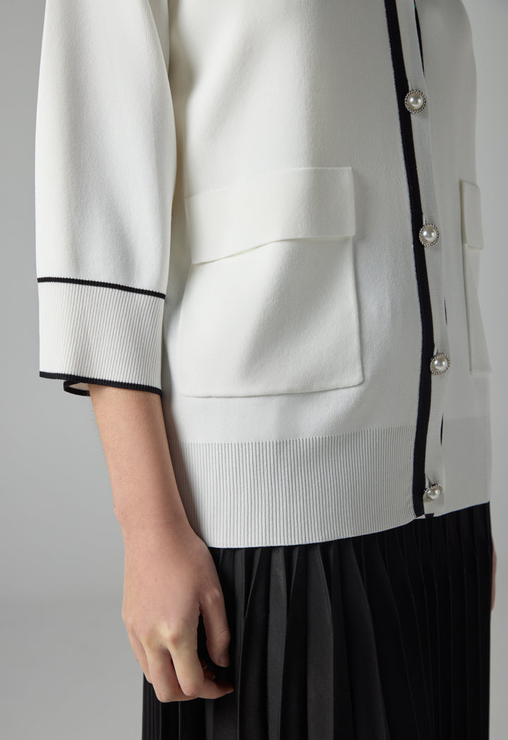 Choice Contrast Knitted Belted Cardigan Off White