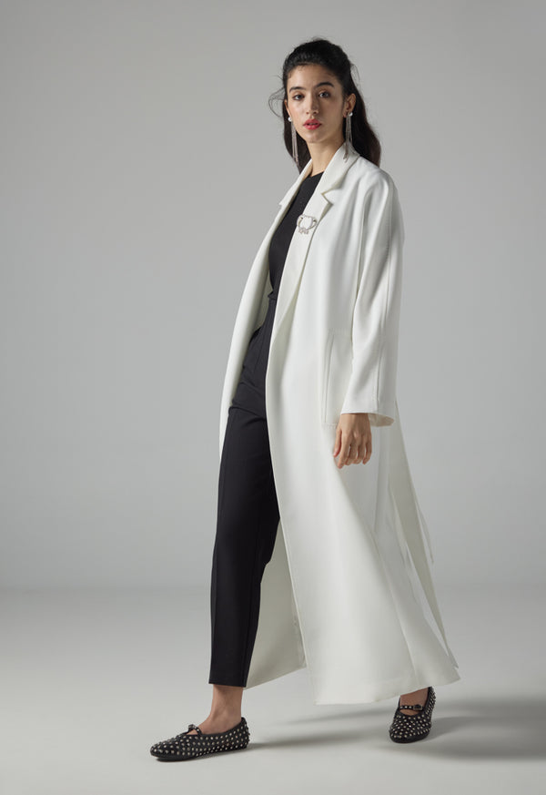 Choice Solid Pleated Belted Trench Coat Off White