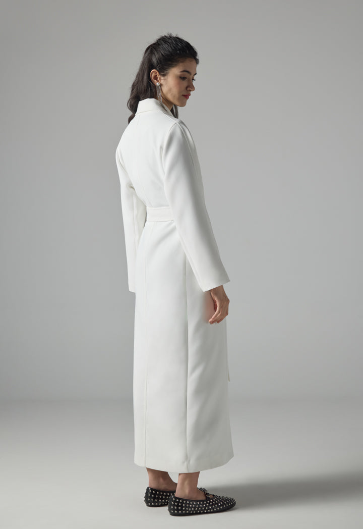 Choice Solid Pleated Belted Trench Coat Off White