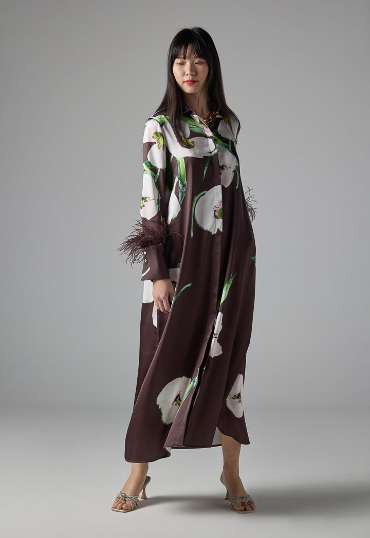 Choice Floral Print Belted Shirt Dress Brown