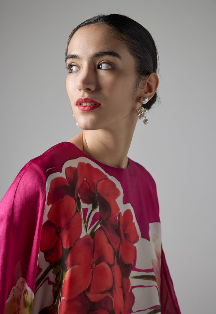 Choice Floral Print Belted Blouse - Ramadan Style Fuchsia