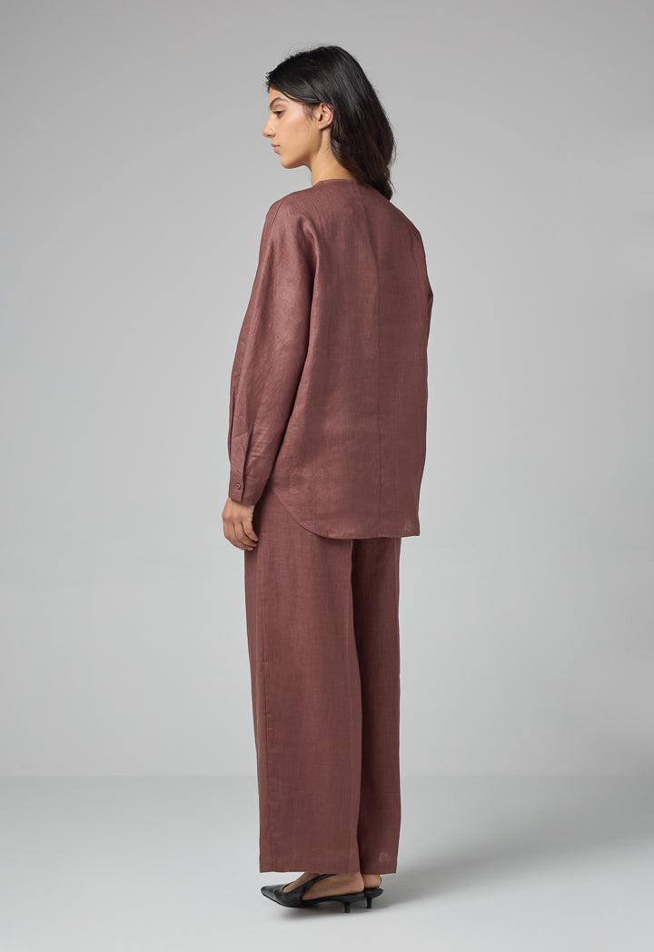 Choice Long Kimono Sleeves Linen Shirt Brown