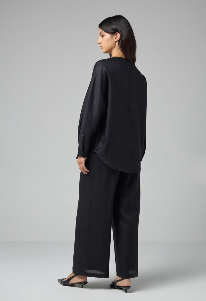 Choice Long Kimono Sleeves Linen Shirt Black