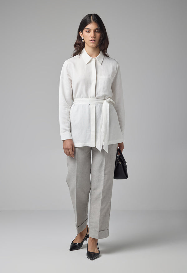 Choice Solid Long Sleeve Belted Shirt Off White