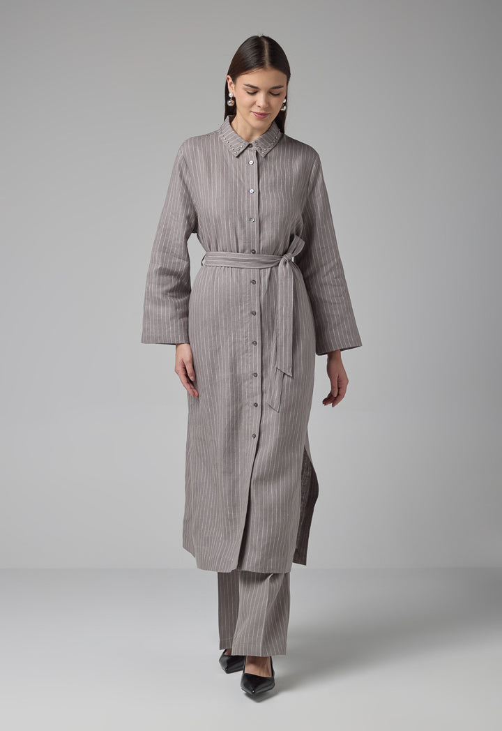 Choice Striped Belted Shirt Dress Grey