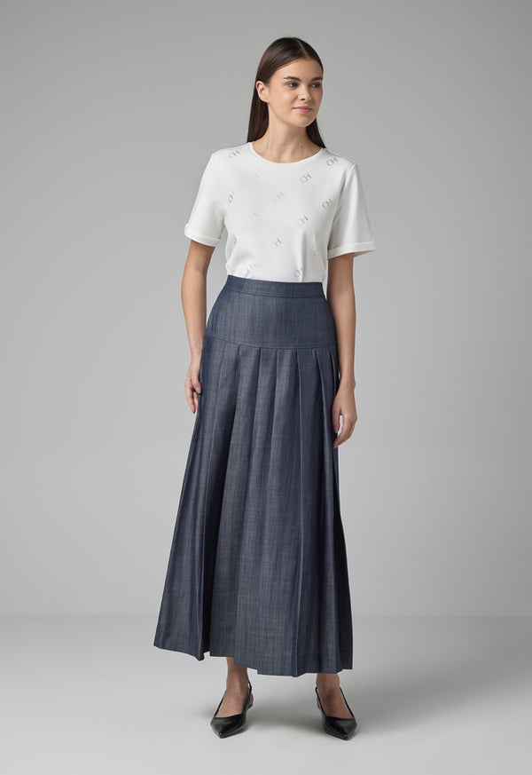 Choice Single Tone Pleated Flared Maxi Skirt Indigo