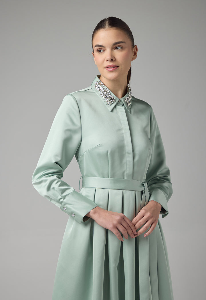 Choice Solid Crystal Embellished Belted Dress Mint