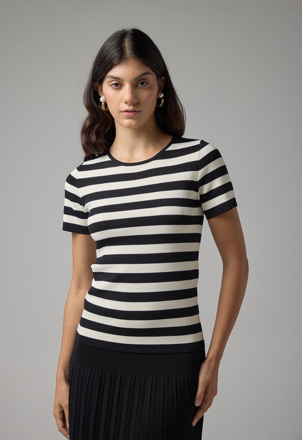 Choice Knitted Striped Short Sleeve Top Offwhite/Black