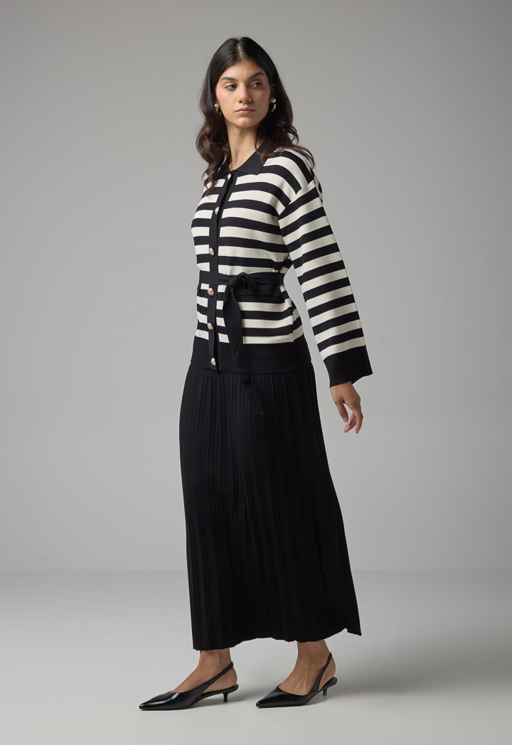 Choice Two-Tone Knitted Belted Cardigan Offwhite/Black