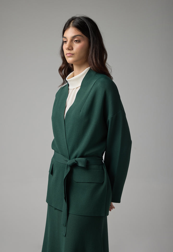 Choice Long Sleeves Knitted Belted Cardigan Green