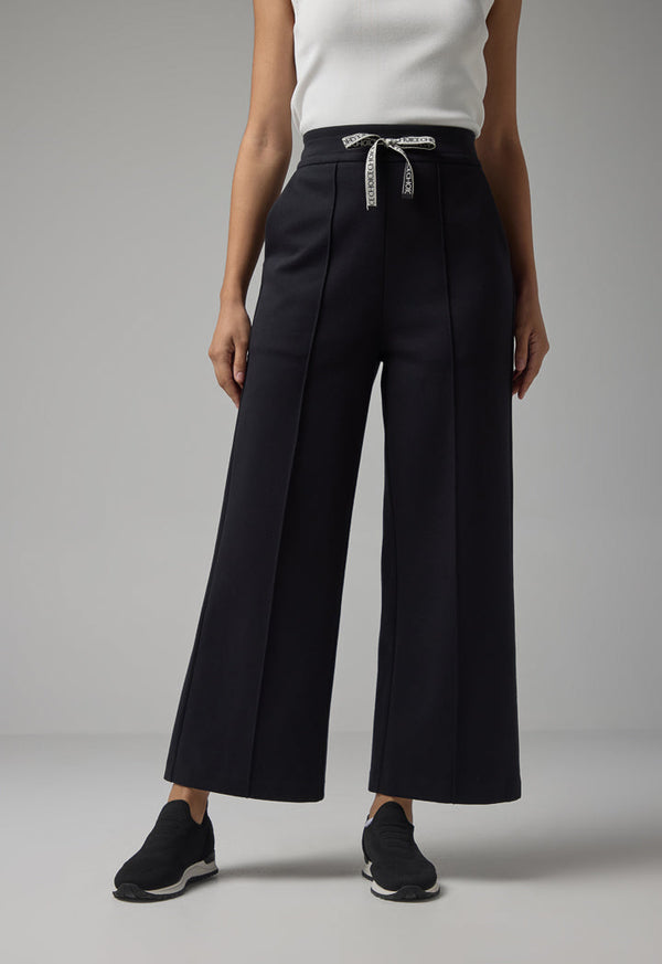 Choice Wide Leg Drawstring Solid Trousers Black