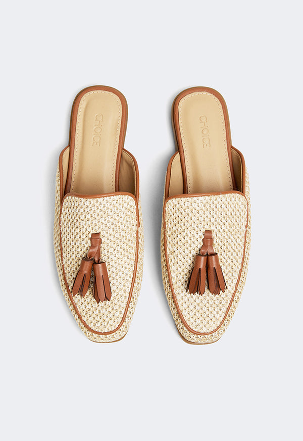 Choice Intricate Faux Straw Mules Camel