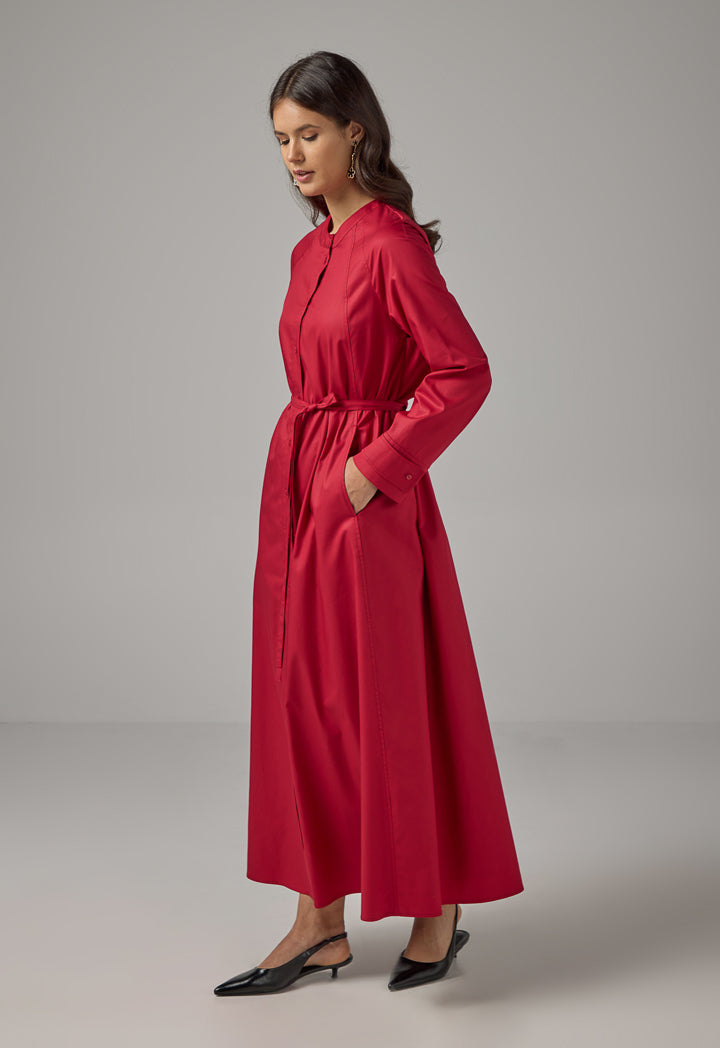 Choice Solid Mandarin Collar Maxi Dress Red