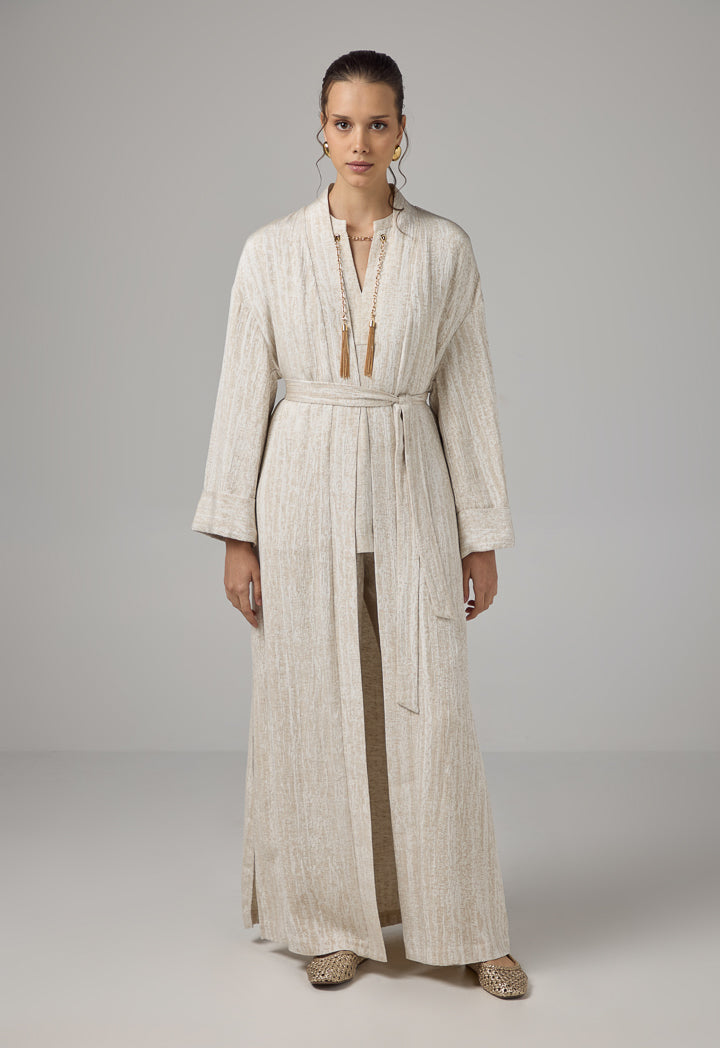 Choice Textured Contrast Belted Abaya With Hijab Beige