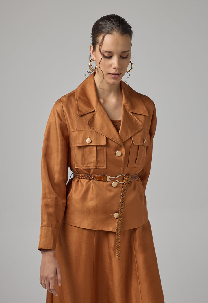 Choice Double Breasted Notched Collar Solid Jacket Caramel