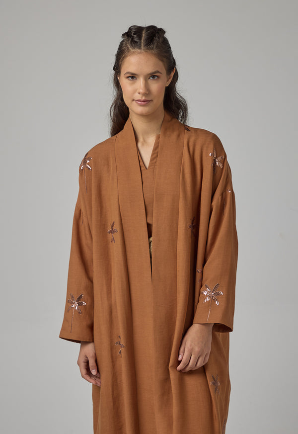 Choice Embroidered Sequin Maxi Abaya   Caramel