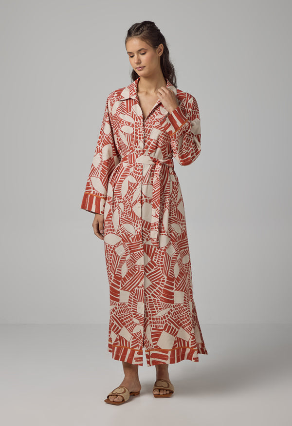 Choice Printed Long Sleeve Belted Shirt Dress Caramel