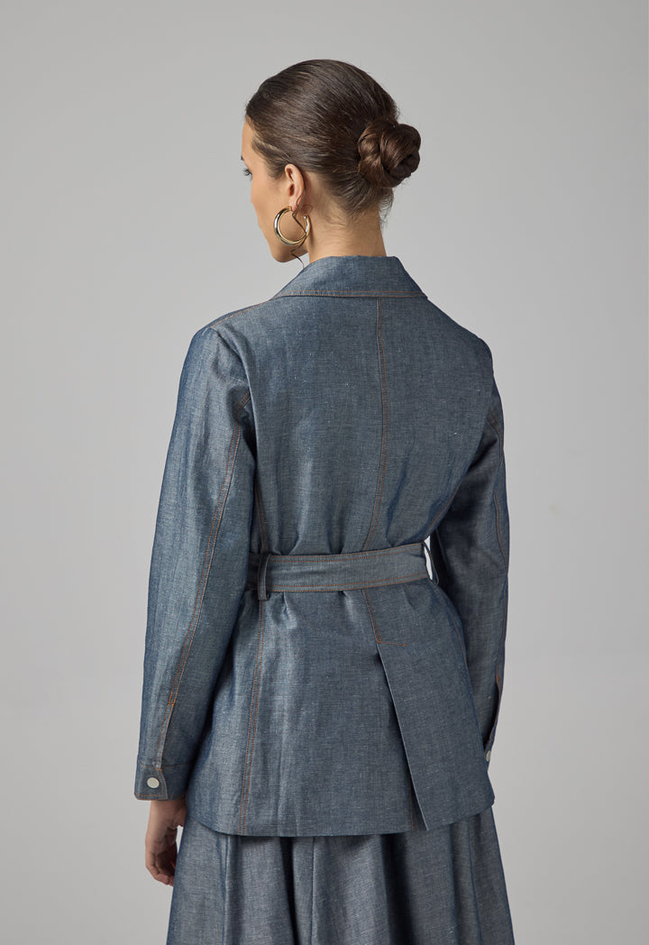 Choice Multi Front Pocket Coat With Belt Indigo