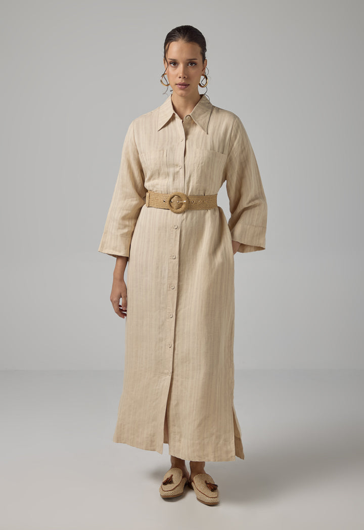 Choice Striped Belted Maxi Abaya Beige