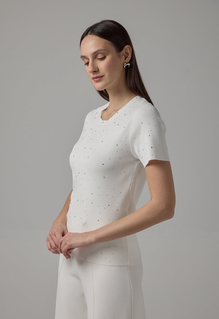 Choice Solid Crystal Embellished Knitted T-Shirt Off White