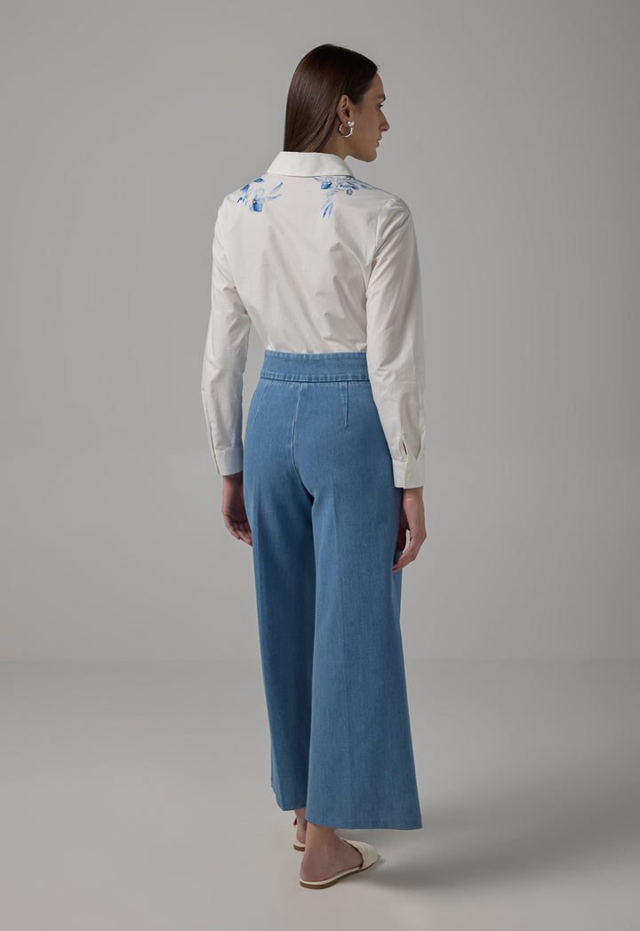 Choice Solid Wide Leg Denim Trousers Light Blue