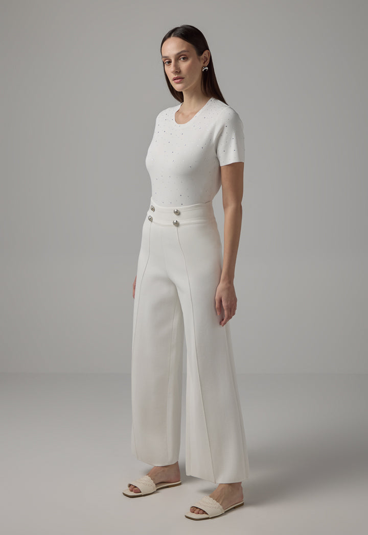 Choice Knitted Pin Tuck Wide Leg Trousers Off White