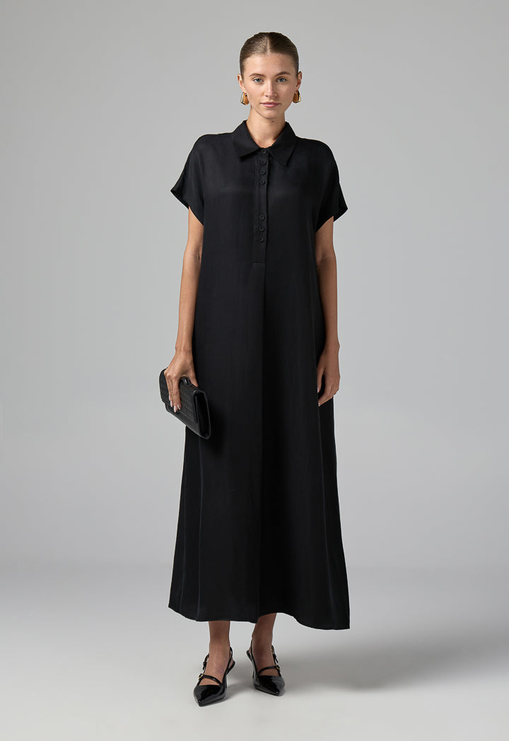 Choice Half Buttons Cap Sleeves Dress  Black