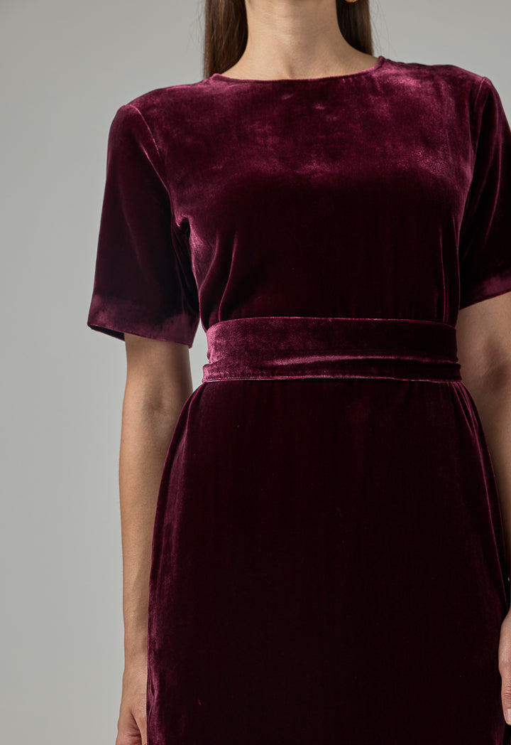 Choice Short Sleeve Velvet Dress  Burgundy