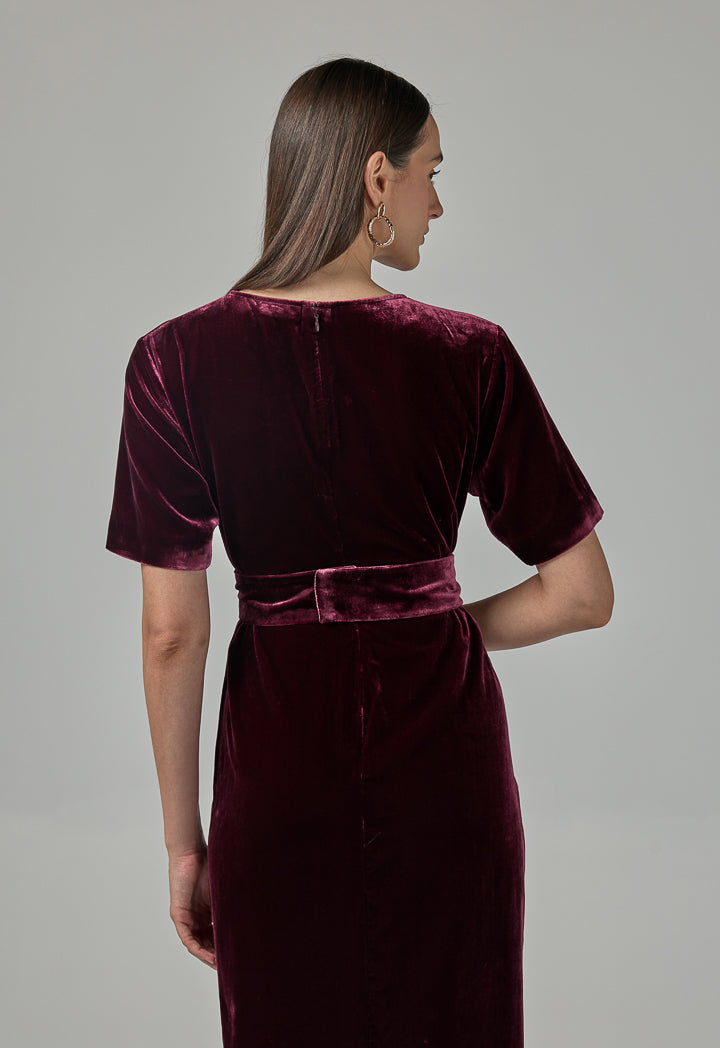 Choice Short Sleeve Velvet Dress  Burgundy