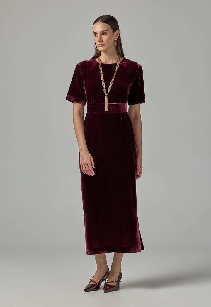 Choice Short Sleeve Velvet Dress  Burgundy